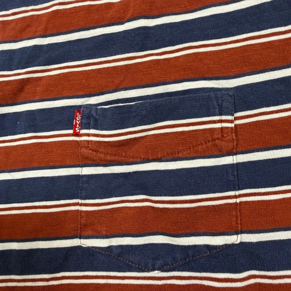 Levis Mens Standard Fit Striped Pocket T Shirt M Navy Rust White Crew Neck